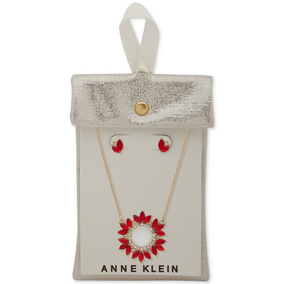 Anne Klein Gold-Tone Red Crystal Cluster Pendant Necklace & Earrings Set NEW - Picture 2 of 7